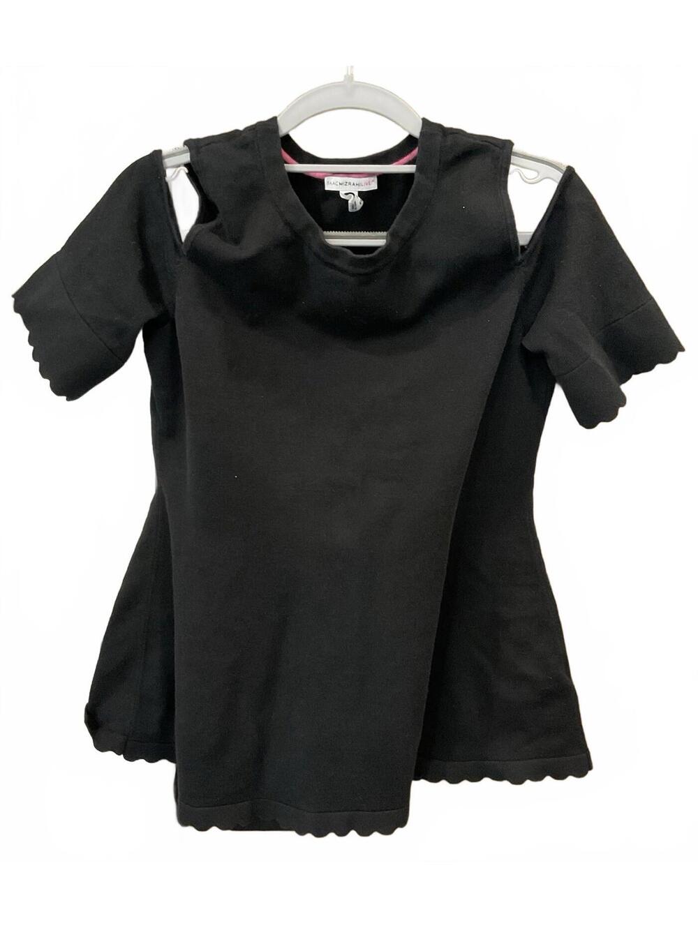 Isaac MIZRAHI Live! Womens Black Cold Shoulder Blouse W/ Scalloped Trim Size S
